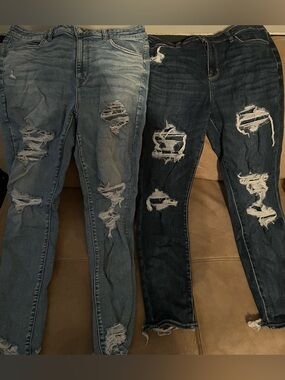 Ripped Distressed Denim Jeans 2 Pairs - Light & Dark Blue-American Eagle 16 R